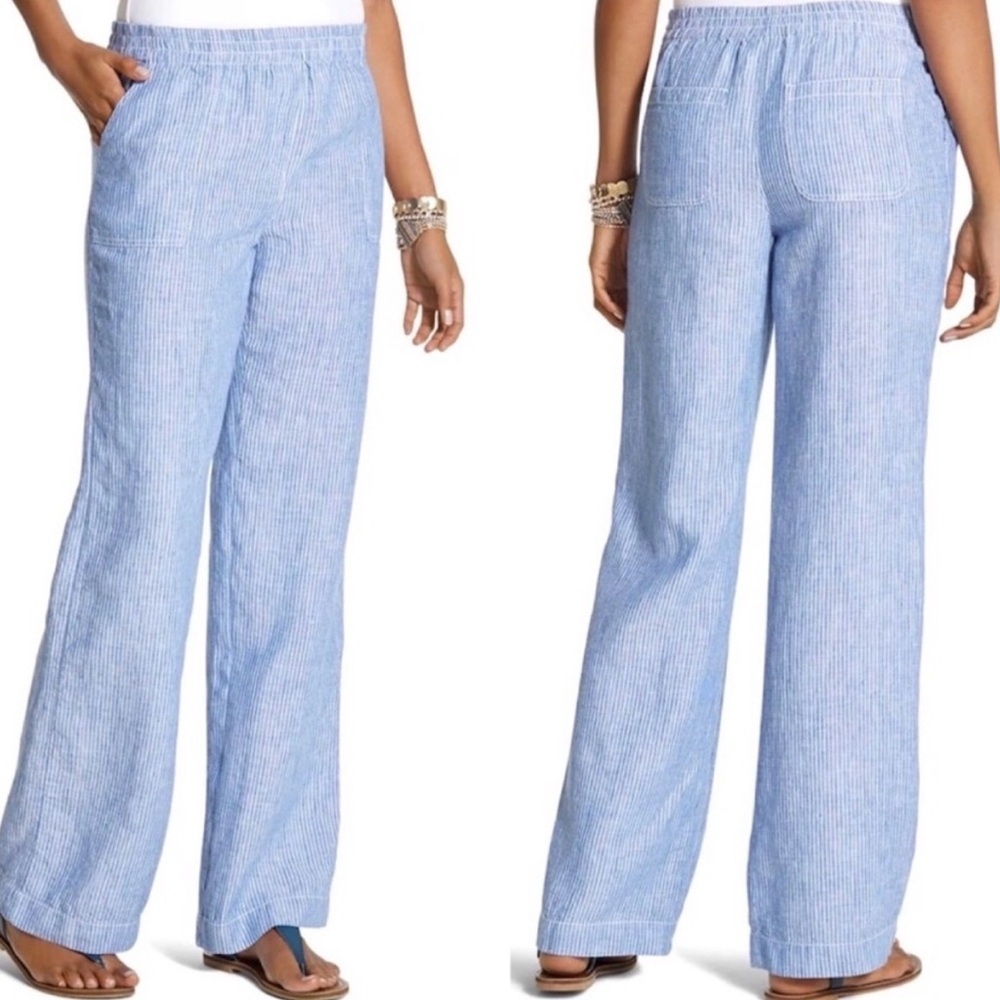 CHICO’S 100% linen blue and white striped wide leg pull on pants size small